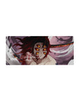Mouse pad featuring Demon Slayer's Kokushibo, size 28x12 inches, with six burning eyes and blood-red blades in pink-gray tones.