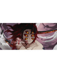 Demon Slayer desk pad featuring Kokushibo with six burning eyes and blood-red blades, 36x16 inches.