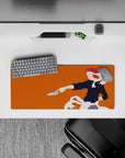 Orange anime mouse pad 28x12 inches with sharp chef uniform, white ribbons, and rebellious energy.