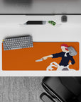 32x12 inches anime mouse pad with vivid orange background, dark uniform, and sharp rebellious energy.