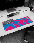 Artistic 32x12 inches mouse pad with retro wave-inspired design, blending vibrant pink, deep blue, and neon purple for electric energy.
