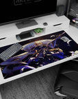 Large 40x20 inches desk pad featuring Jeanne d'Arc from Fate/Grand Order, with her shining armor and banner raised in a powerful display of strength.