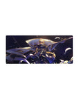 Mouse pad featuring Jeanne d'Arc from Fate/Grand Order, 28x12 inches, in shining armor, raising her banner of strength and hope.