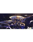 Desk pad featuring Jeanne d'Arc from Fate/Grand Order, 36x16 inches, showcasing her bold stance in shining armor, raising her banner of hope.