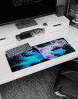 Futuristic 32x12 inches mouse pad featuring bold, fluid neon colors in electric blue, pink, and black for a vibrant desk setup.