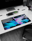 Artistic 32x16 inches mouse pad showcasing fluid electric blue, pink, and black swirls, blending bold color with futuristic design.