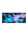 Mouse pad featuring vibrant neon swirls of electric blue, pink, and black, 28x12 inches, perfect for adding bold, cosmic energy to your desk.