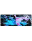 Compact 32x12 inches mouse pad featuring neon swirls in electric blue, pink, and black, perfect for adding cosmic flair to smaller desks.