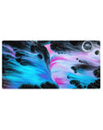 Mouse pad featuring bold neon swirls of electric blue, pink, and black, 32x16 inches, adding cosmic vibes and dynamic flair to your desk.