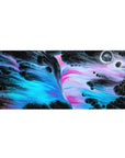 Desk pad featuring neon swirls of electric blue, pink, and black, 36x16 inches, perfect for adding dynamic, futuristic energy to your workspace.