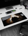 Warrior showdown design on 32x16 desk pad brings Duel of Auras Battle's bold aesthetic to life vividly