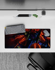 Anime mouse pad, 28x12 inches, featuring EVA Unit-01 in beast mode with vibrant reds and oranges, dynamic and powerful.