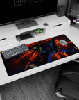 Anime desk pad 36x16 inches featuring EVA Unit-01 in beast mode with fiery reds and oranges, adding energy to your setup.