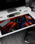 Fiery anime desk pad 40x20 inches featuring EVA Unit-01 in beast mode, vibrant reds and oranges dominate the scene.