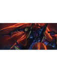 Evangelion desk pad 36x16 inches featuring EVA Unit-01 in beast mode, vibrant reds and oranges dominate the scene.