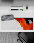 Intense 32x12 desk mat features fiery hues and abstract motion with intricate flame-inspired details for fans of bold art