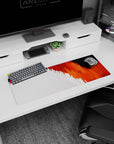 Small but impactful 32x12 desk mat showcases dynamic energy with striking orange and white flame artistry