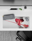 Candy-red and blush pink anime nurse mouse pad 28x12 inches, clean pale backdrop, playful calm vibe.
