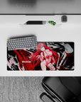 Rias Gremory from High School DxD anime mouse pad, 28x12 inches. Fiery hair, sapphire eyes on grayscale backdrop. Bold and powerful.