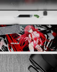 Desk pad featuring Rias Gremory from High School DxD, size 36x16 inches. Vibrant red hair against a grayscale backdrop.
