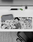 Adventurous 32x12 mouse pad features Luffy's determination with vibrant manga panel artistry