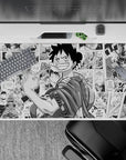 Energetic 40x20 desk pad showcases Luffy's determination and key series moments for adventurous fans