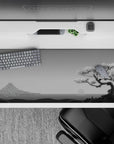 36x16 inches desk pad with Serenity Sakura Scene, blending Japanese-inspired minimalism and serene beauty with a grayscale cherry blossom tree.
