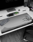 Large 40x20 inches desk pad featuring Serenity Sakura Scene, capturing the elegance of a cherry blossom tree and serene coastal landscape in grayscale.
