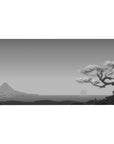 Desk pad featuring Serenity Sakura Scene, 40x20 inches, with a cherry blossom tree against a peaceful coastal landscape in grayscale.