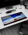 Modern 32x16 inches mouse pad featuring Eren, Mikasa, and Armin against a breathtaking sky, perfect for AOT fans.