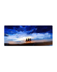 Mouse pad featuring Eren, Mikasa, and Armin, 28x12 inches, with a breathtaking sky symbolizing hope and adventure.