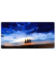 Mouse pad featuring Eren, Mikasa, and Armin, 32x16 inches, with a painterly sky and a message of hope for AOT fans.