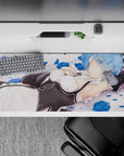 36x16 inches mouse pad with Rem design, blending a peaceful pose and scattered blue rose petals for a serene and beautiful anime vibe.