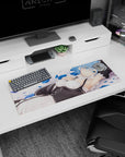 Artistic 32x12 inches mouse pad featuring Rem design, with blue rose petals and a peaceful pose for a calming, beautiful workspace effect.