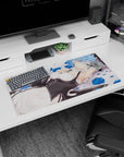Modern 32x16 inches mouse pad featuring Rem design, with scattered blue rose petals and a peaceful pose for a tranquil, elegant workspace atmosphere.