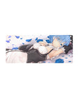 Mouse pad featuring Rem design, 28x12 inches, with scattered blue rose petals and a peaceful pose for a serene and elegant look.