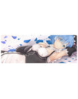 Compact 32x12 inches mouse pad with Rem design, featuring a peaceful pose and blue rose petals for a calming, beautiful anime-inspired vibe.