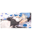 Mouse pad featuring Rem design, 32x16 inches, with a peaceful pose and scattered blue rose petals for a calm, beautiful workspace effect.