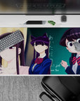 40x20 inches anime girl desk pad in deep navy and teal with red striped bows, playful meme-like mood.