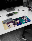 Purple-haired cat-ear vibe schoolgirl center, friends beside her, anime mouse pad 32x12 inches.