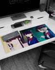 Purple-haired cat-ear vibe anime girl desk pad 36x16 inches with classmates by a teal chalkboard.