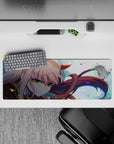 Bold 32x12 desk mat features Zero Two's vibrant energy with intricate details for immersive fan vibes