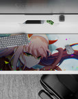 Striking 36x16 desk pad highlights Zero Two's intensity and flowing locks with vivid artistic detail