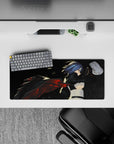 28x12 inches anime desk mouse pad in smoky blacks with hot red ember streaks, midnight assassin mood.