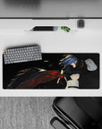 Anime girl mouse pad 32x12 inches in smoky black with hot red ember streaks and neon edge glow.