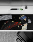 36x16 inches anime desk pad in midnight assassin mood, smoky blacks with hot red ember streaks and glow edges.