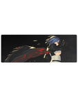 Anime girl mouse pad 32x12 inches with blue-haired katana assassin and flowing cape design.