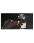32x16 inches anime girl mouse pad with blue-haired katana heroine, flowing cape, and smoky action backdrop.
