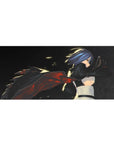 Anime girl desk pad 36x16 inches with blue-haired katana heroine, flowing cape, smoky black and red art.