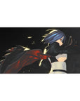 Anime girl desk pad 40x20 inches with blue-haired katana heroine, flowing cape, smoky backdrop.